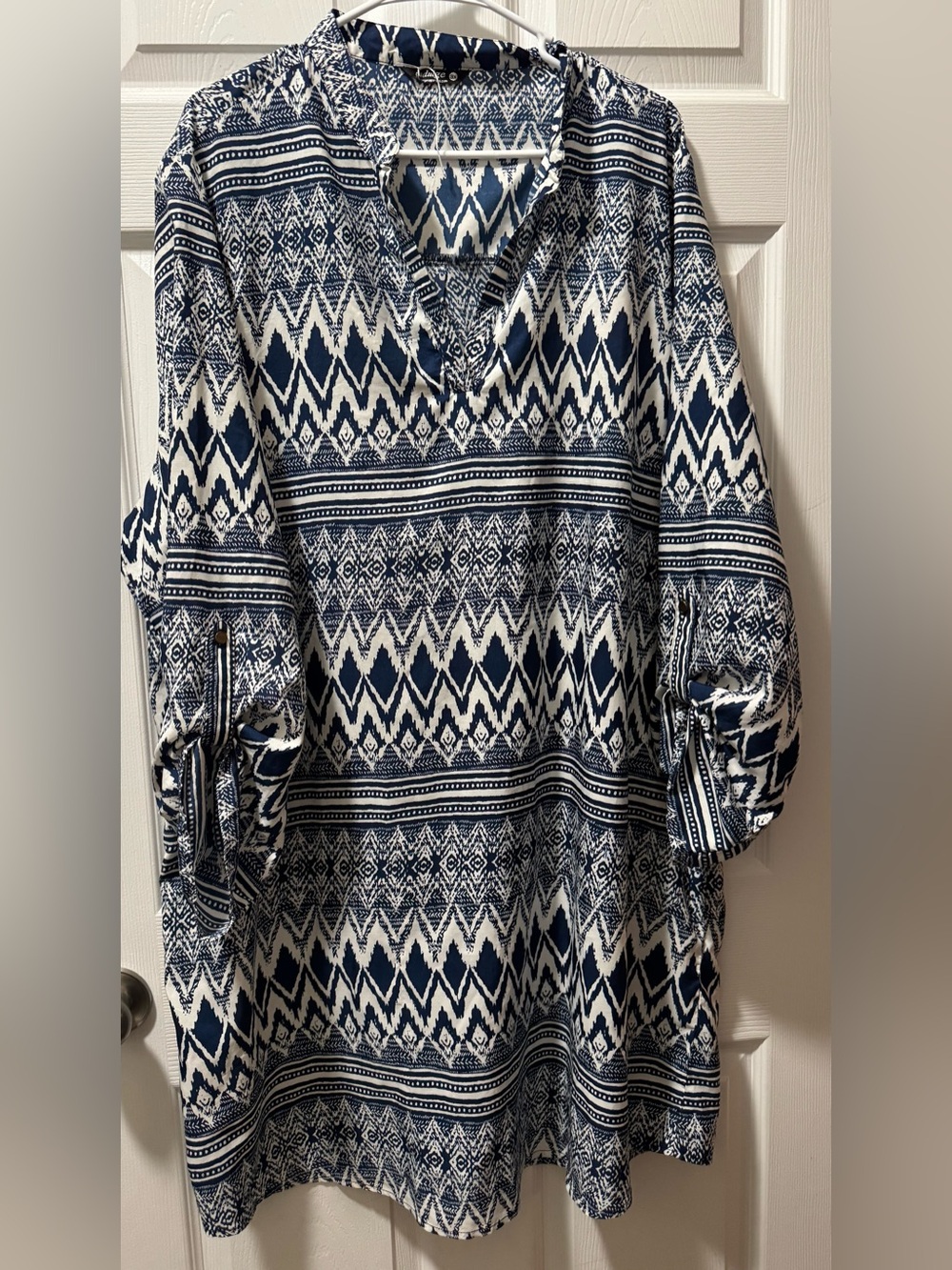 indulge Navy and White Printed V-Neck Tunic Dress